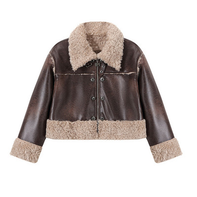 Zimska ženska ulična odjeća od umjetne janjeće kože Kratka jakna Kratka motociklistička debela topla gornja odjeća od ovčje kože Chic Topovi