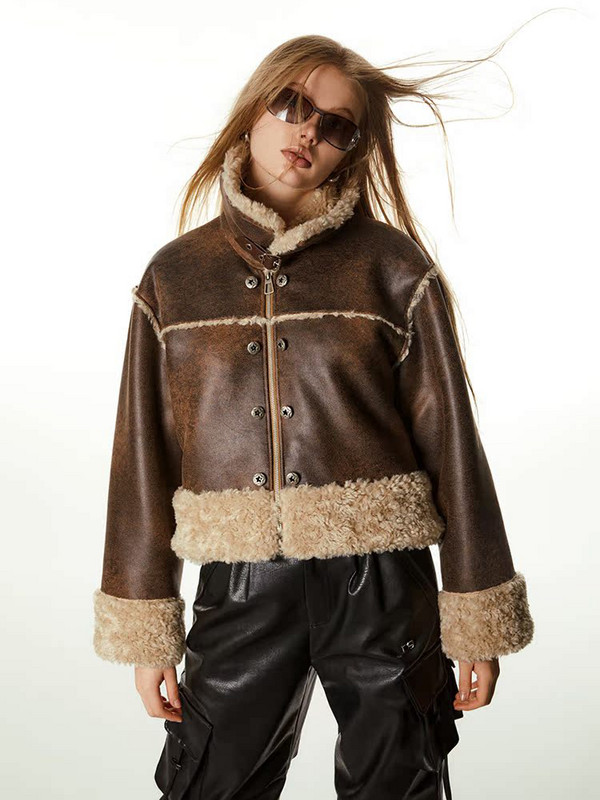 Zimska ženska ulična odjeća od umjetne janjeće kože Kratka jakna Kratka motociklistička debela topla gornja odjeća od ovčje kože Chic Topovi