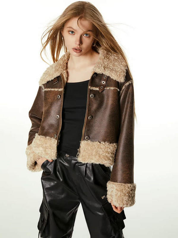 Zimska ženska ulična odjeća od umjetne janjeće kože Kratka jakna Kratka motociklistička debela topla gornja odjeća od ovčje kože Chic Topovi
