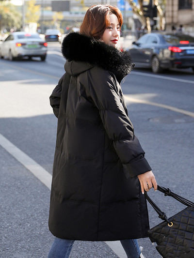 2023 m. žiemos moteriškos pūkinės striukės, didelė kailinė apykakle su gobtuvu, stora, šilta, ilga parkai Moteriška striukė nuo vėjo, šilti viršutiniai drabužiai