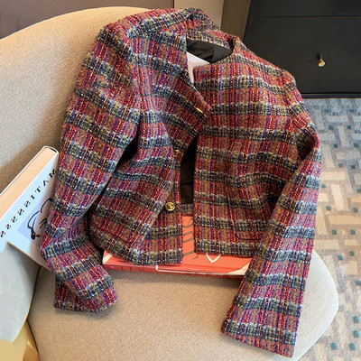 Jesen-zima 2023. Nova francuska mala mirisna jakna od tvida za žene Korejski modni ležerni široki vuneni kaputi Karirana gornja odjeća