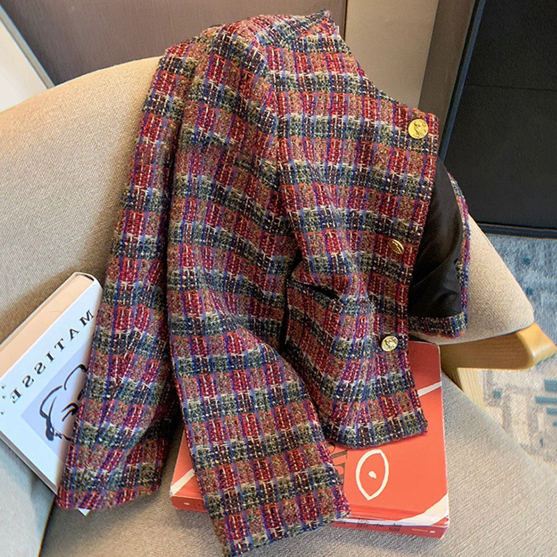 Jesen-zima 2023. Nova francuska mala mirisna jakna od tvida za žene Korejski modni ležerni široki vuneni kaputi Karirana gornja odjeća