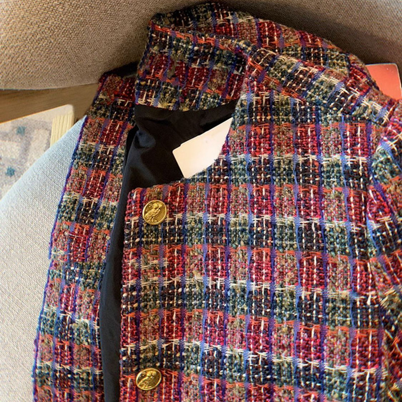 Jesen-zima 2023. Nova francuska mala mirisna jakna od tvida za žene Korejski modni ležerni široki vuneni kaputi Karirana gornja odjeća