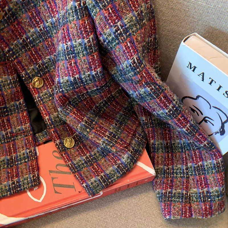 Jesen-zima 2023. Nova francuska mala mirisna jakna od tvida za žene Korejski modni ležerni široki vuneni kaputi Karirana gornja odjeća