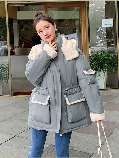 2023 Parka cu glugă pentru femei Jachete cu șnur din lână de miel, patchwork, pentru femei, jachetă pufă groasă și caldă, îmbrăcăminte capitonată din bumbac, rezistentă la vânt
