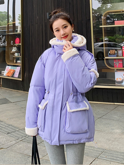 2023 Parka cu glugă pentru femei Jachete cu șnur din lână de miel, patchwork, pentru femei, jachetă pufă groasă și caldă, îmbrăcăminte capitonată din bumbac, rezistentă la vânt