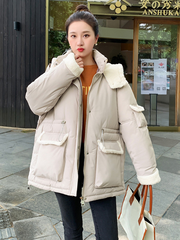 2023 Parka cu glugă pentru femei Jachete cu șnur din lână de miel, patchwork, pentru femei, jachetă pufă groasă și caldă, îmbrăcăminte capitonată din bumbac, rezistentă la vânt