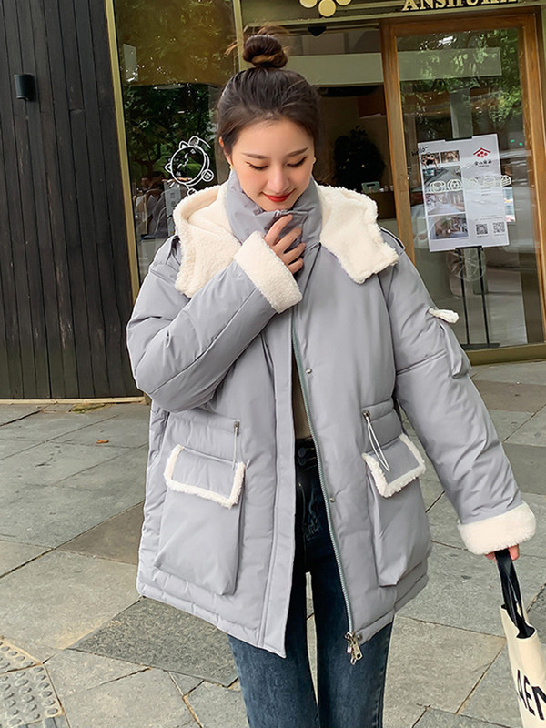 2023 Parka cu glugă pentru femei Jachete cu șnur din lână de miel, patchwork, pentru femei, jachetă pufă groasă și caldă, îmbrăcăminte capitonată din bumbac, rezistentă la vânt