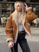 KBAT Jachete din piele falsă din piele de oaie din piele de oaie pentru femei, groase, calde, din piele intoarsa de miei, haine scurte de motocicletă maro