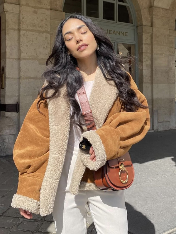 KBAT Jachete din piele falsă din piele de oaie din piele de oaie pentru femei, groase, calde, din piele intoarsa de miei, haine scurte de motocicletă maro