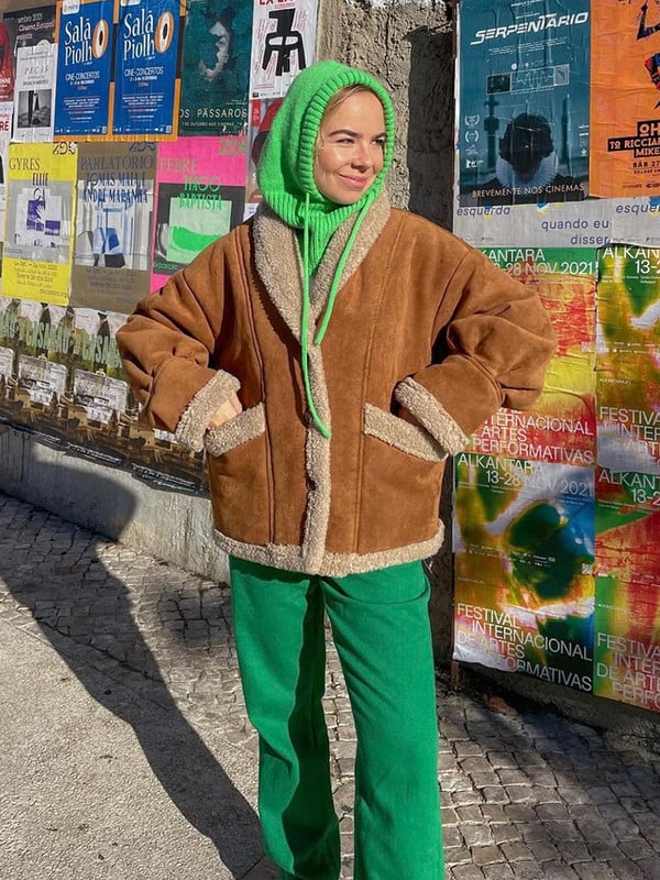 KBAT Jachete din piele falsă din piele de oaie din piele de oaie pentru femei, groase, calde, din piele intoarsa de miei, haine scurte de motocicletă maro