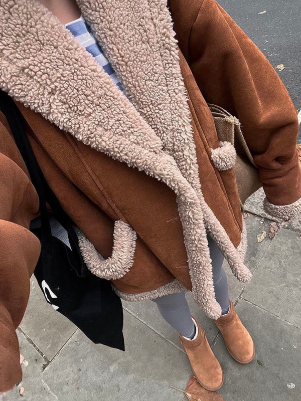 KBAT Jachete din piele falsă din piele de oaie din piele de oaie pentru femei, groase, calde, din piele intoarsa de miei, haine scurte de motocicletă maro