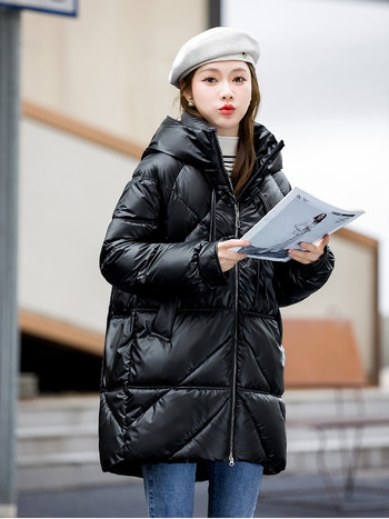 Дамско модно удебелено зимно яке 2023 г., лъскава парка с качулка, памучно подплатено палто, женско ветроустойчиво, дъждоустойчиво топло връхно облекло
