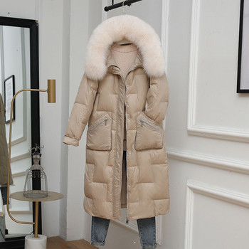 KBAT 2023 Зимно зимно яке с дълга качулка Дамско топло палто с голяма кожена яка Дамско пухено яке Топли дебели големи паркове