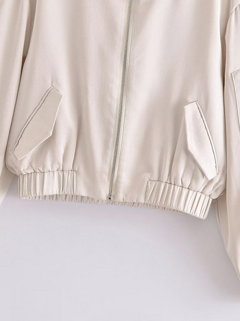 Дамски модни бомбър якета Свободно сатенено палто с джобове и цип Винтидж О-образно деколте с дълги ръкави Женски шикозни връхни дрехи