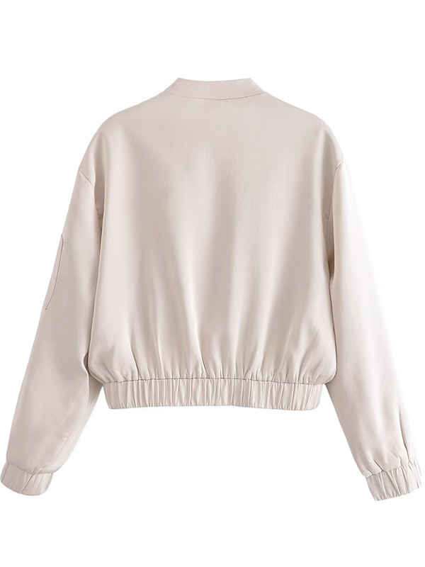 Ženske modne bomber jakne Labavi satenski kaput s džepovima i patentnim zatvaračem Vintage O-izrez dugih rukava Ženska šik vanjska odjeća