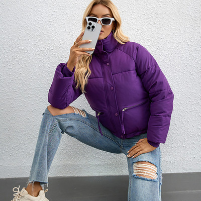 Moteriški žieminiai trumpi paltai, 2023 m. Nauji pūkuoti švarkai, didelės kišenės, stovi apykaklė, medvilninė paminkštinta laisvalaikio šilta parkų apatinė apranga