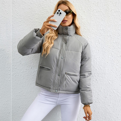 Moteriški žieminiai trumpi paltai, 2023 m. Nauji pūkuoti švarkai, didelės kišenės, stovi apykaklė, medvilninė paminkštinta laisvalaikio šilta parkų apatinė apranga