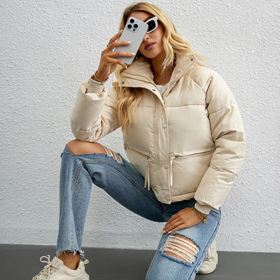 Moteriški žieminiai trumpi paltai, 2023 m. Nauji pūkuoti švarkai, didelės kišenės, stovi apykaklė, medvilninė paminkštinta laisvalaikio šilta parkų apatinė apranga