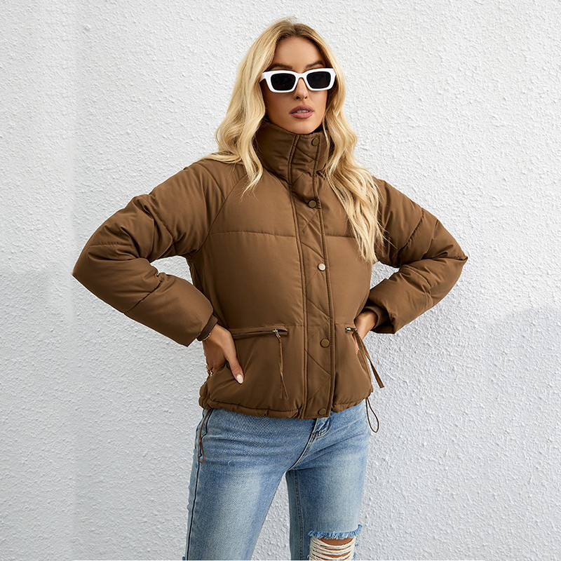 Moteriški žieminiai trumpi paltai, 2023 m. Nauji pūkuoti švarkai, didelės kišenės, stovi apykaklė, medvilninė paminkštinta laisvalaikio šilta parkų apatinė apranga