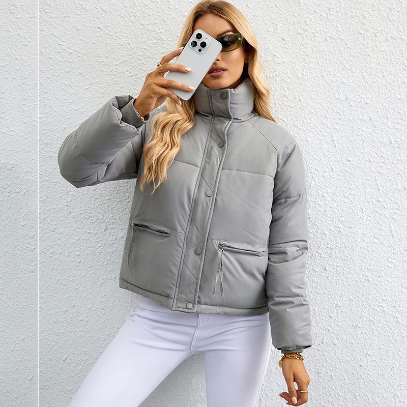 Moteriški žieminiai trumpi paltai, 2023 m. Nauji pūkuoti švarkai, didelės kišenės, stovi apykaklė, medvilninė paminkštinta laisvalaikio šilta parkų apatinė apranga