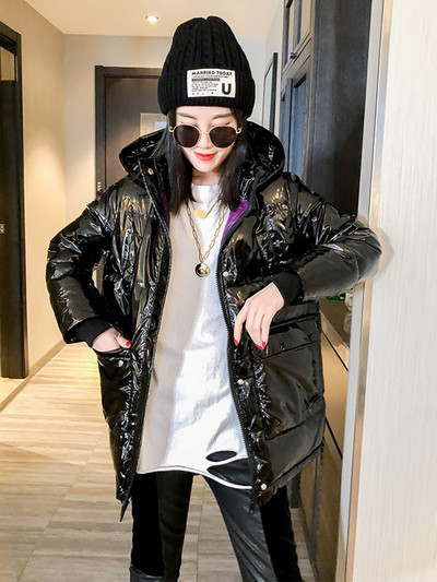 Parka neagră, lucioasă, pentru femei, 2023, la modă, îngroșă, iarna, cu glugă, jachetă puf largi, pentru femei, rezistentă la vânt, rezistentă la ploaie, îmbrăcăminte caldă