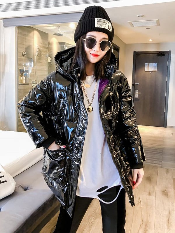 Parka neagră, lucioasă, pentru femei, 2023, la modă, îngroșă, iarna, cu glugă, jachetă puf largi, pentru femei, rezistentă la vânt, rezistentă la ploaie, îmbrăcăminte caldă