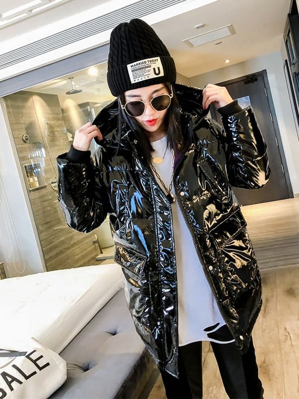 Parka neagră, lucioasă, pentru femei, 2023, la modă, îngroșă, iarna, cu glugă, jachetă puf largi, pentru femei, rezistentă la vânt, rezistentă la ploaie, îmbrăcăminte caldă
