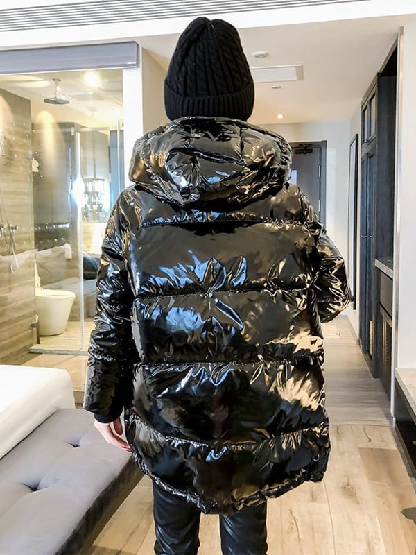Parka neagră, lucioasă, pentru femei, 2023, la modă, îngroșă, iarna, cu glugă, jachetă puf largi, pentru femei, rezistentă la vânt, rezistentă la ploaie, îmbrăcăminte caldă