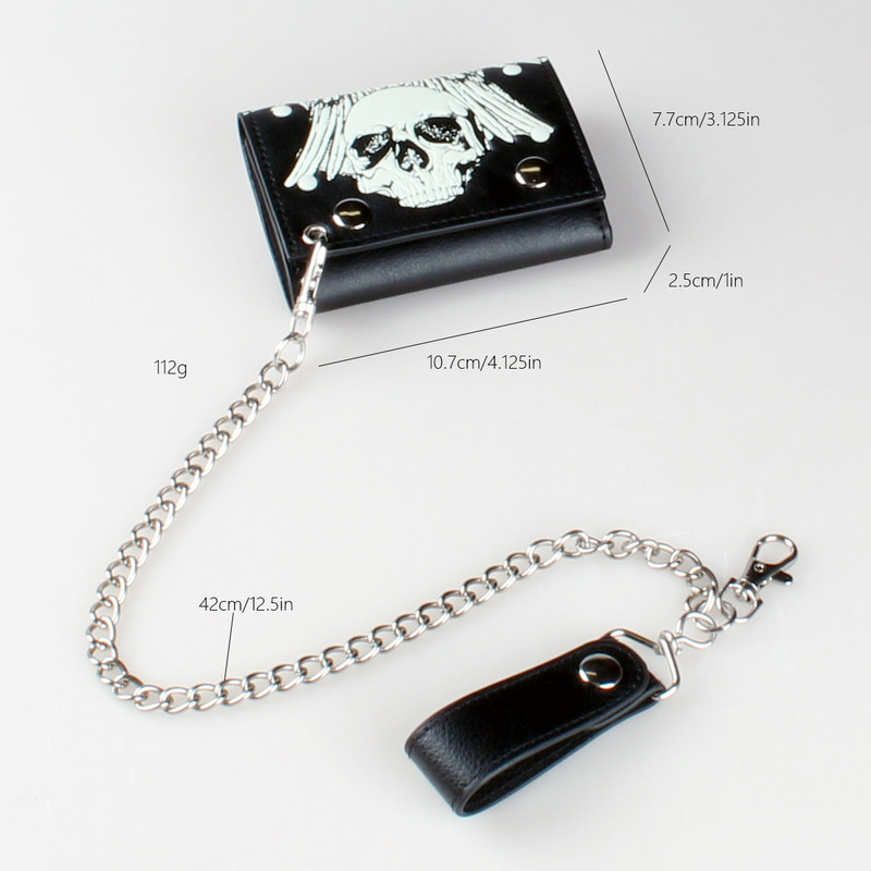 Portofel pentru bărbați, suport pentru carduri cu lanț de craniu, portofel cu trei orificii punk hip hop