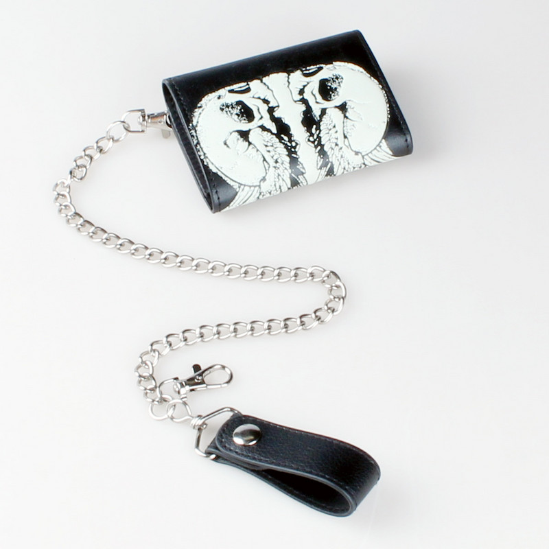 Portofel pentru bărbați, suport pentru carduri cu lanț de craniu, portofel cu trei orificii punk hip hop