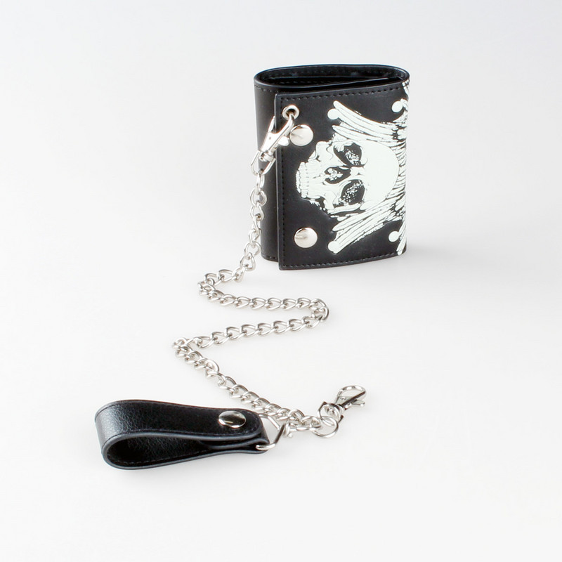 Portofel pentru bărbați, suport pentru carduri cu lanț de craniu, portofel cu trei orificii punk hip hop