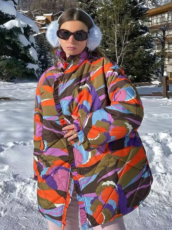 2023 Jachetă scurtă matlasată cu imprimeu floral mozaic pentru femei Parka căptușită din bumbac de iarnă Pardesi pentru femei șic îmbrăcăminte de exterior