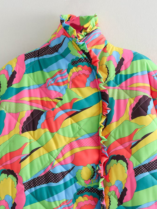 2023 Jachetă scurtă matlasată cu imprimeu floral mozaic pentru femei Parka căptușită din bumbac de iarnă Pardesi pentru femei șic îmbrăcăminte de exterior