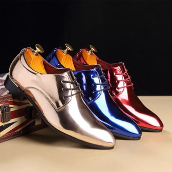 Модна тенденция Лачени мъжки сватбени обувки Златни сини червени бели оксфордски обувки Дизайнерски обувки с остри пръсти Голям размер 37-48