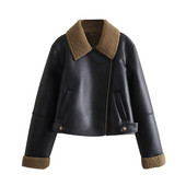 Jachetă scurtă din piele artificială din lână de miel pentru femei, vintage, cu mânecă lungă, haină caldă de toamnă iarnă