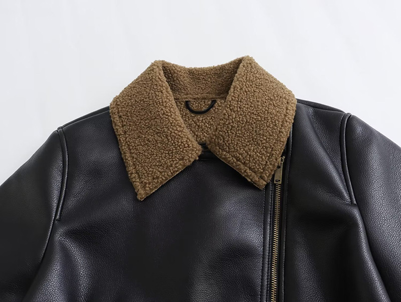 Jachetă scurtă din piele artificială din lână de miel pentru femei, vintage, cu mânecă lungă, haină caldă de toamnă iarnă