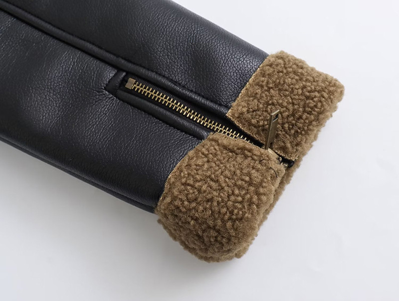 Jachetă scurtă din piele artificială din lână de miel pentru femei, vintage, cu mânecă lungă, haină caldă de toamnă iarnă