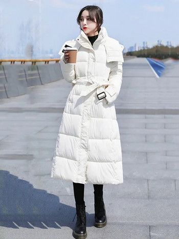 KBAT Fashion Thicken Дамска зимна парка с качулка и колан Дълго палто Sonw Дамско пухено яке Ветроустойчиво топло връхно облекло