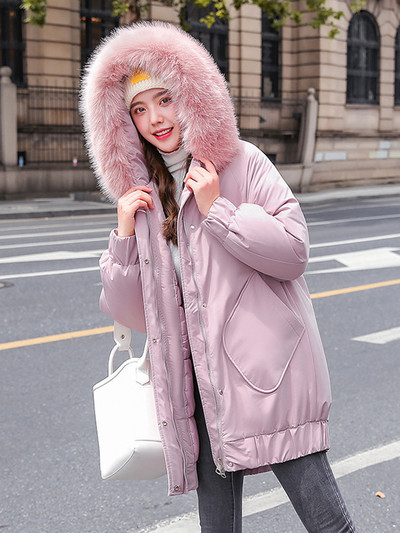 Iarna 2023 Parka cu glugă cu guler mare de blană pentru femei, jachetă căptușită din bumbac, la modă coreeană, haină de puf, supradimensionată