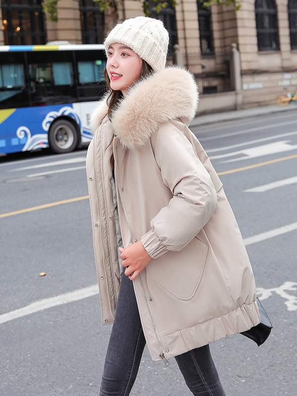 Iarna 2023 Parka cu glugă cu guler mare de blană pentru femei, jachetă căptușită din bumbac, la modă coreeană, haină de puf, supradimensionată
