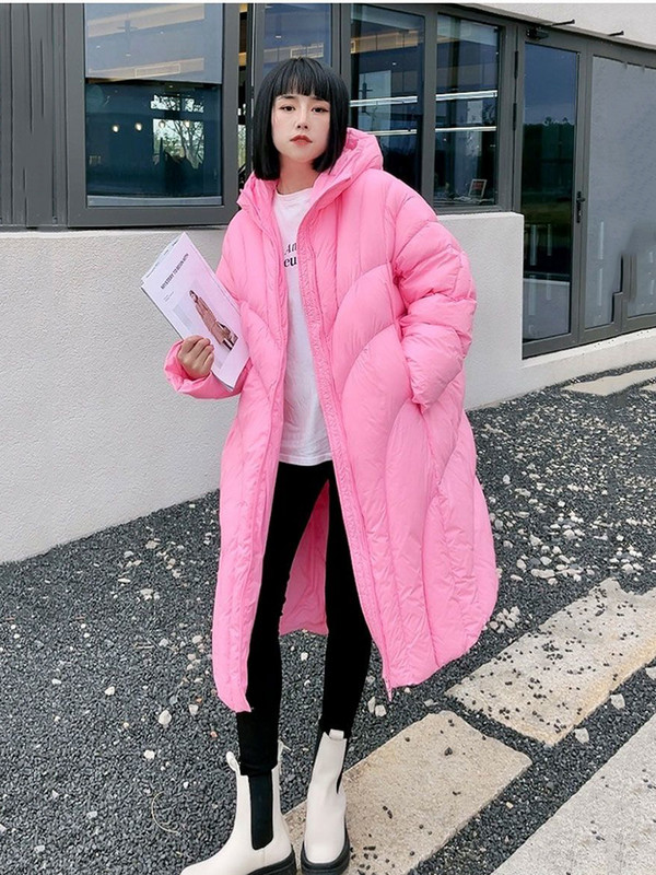KBAT Prevelike zimske duge ženske jakne 90% bijele parke s pačjim puhom Široki kaputi s kapuljačom Srednje dugi, topli, ležerni, ružičasta odjeća za snijeg