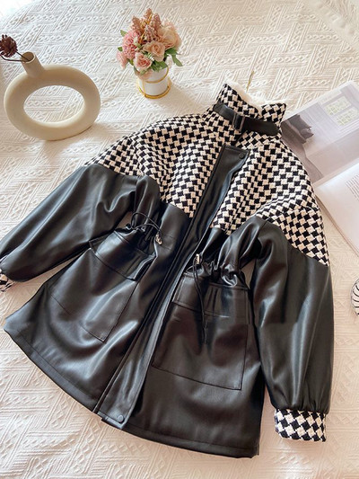 KBAT 2023 French Vintage Mala mirisna jakna od tvida PU kožni kaput Topla vunena podstava Parke Zimski patchwork snježni kaput Ženski