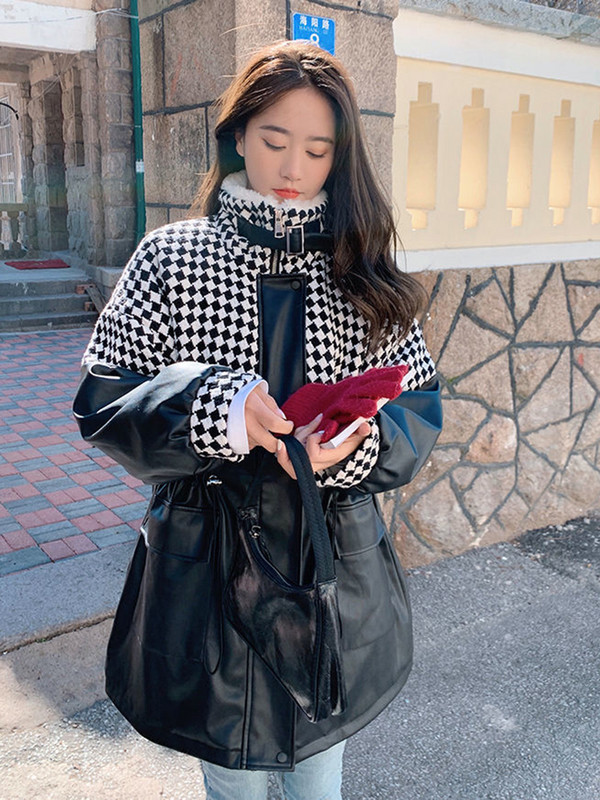 KBAT 2023 French Vintage Mala mirisna jakna od tvida PU kožni kaput Topla vunena podstava Parke Zimski patchwork snježni kaput Ženski