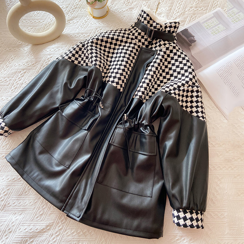 KBAT 2023 French Vintage Mala mirisna jakna od tvida PU kožni kaput Topla vunena podstava Parke Zimski patchwork snježni kaput Ženski