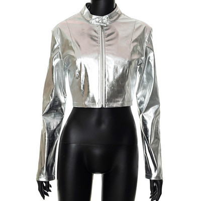 KBAT 2023 noua jachetă lucioasă din piele PU pentru femei, argintiu, cu mânecă lungă, haină de bază pentru femei, jachetă bomber de toamnă, îmbrăcăminte stradală de modă