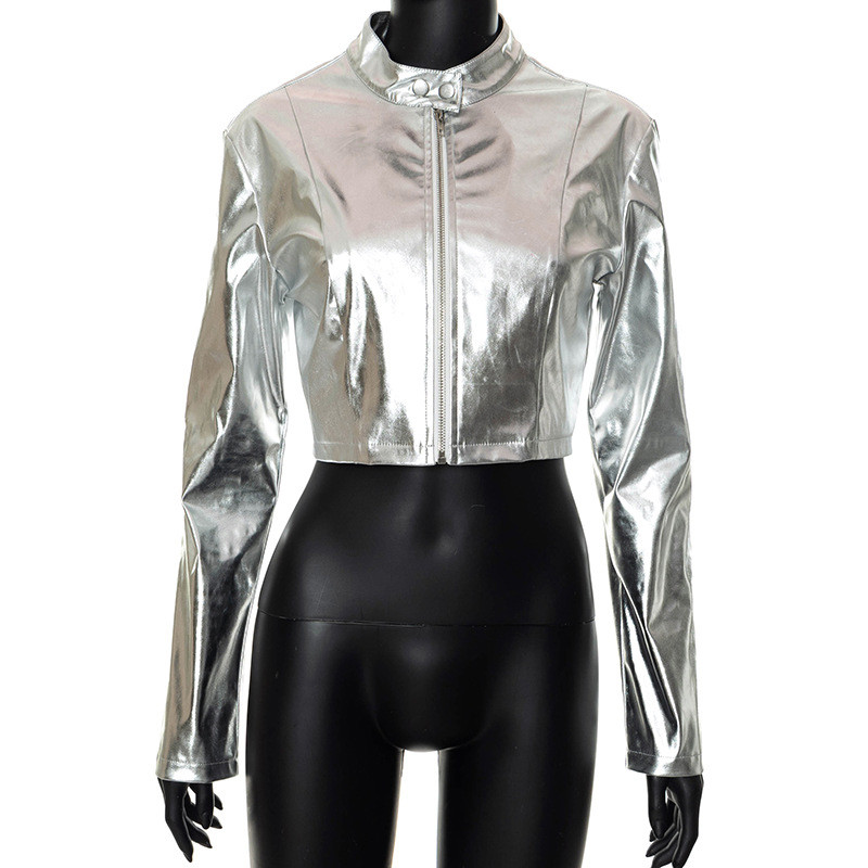 KBAT 2023 noua jachetă lucioasă din piele PU pentru femei, argintiu, cu mânecă lungă, haină de bază pentru femei, jachetă bomber de toamnă, îmbrăcăminte stradală de modă
