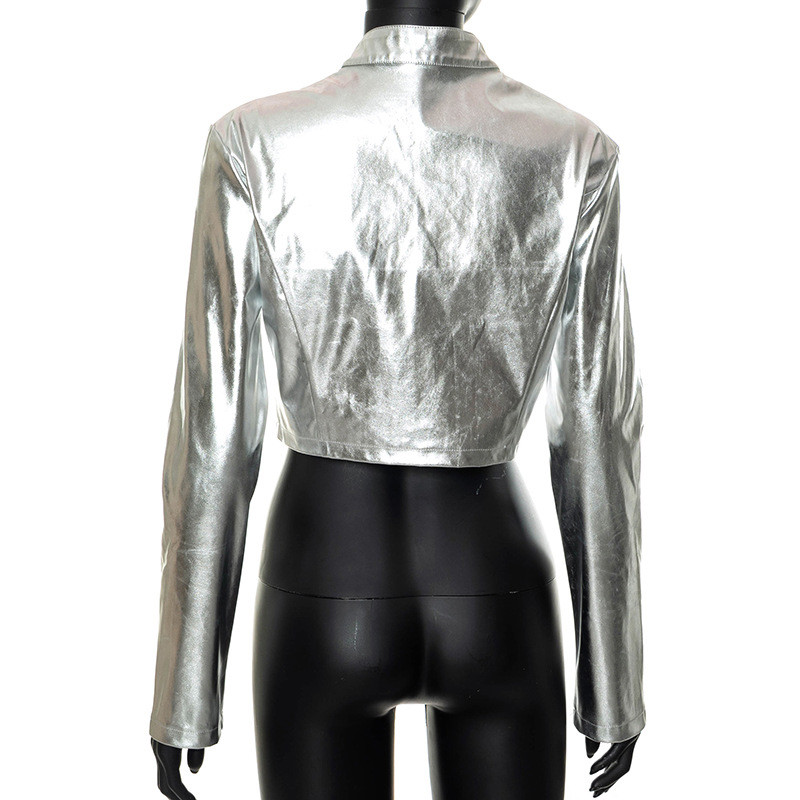 KBAT 2023 noua jachetă lucioasă din piele PU pentru femei, argintiu, cu mânecă lungă, haină de bază pentru femei, jachetă bomber de toamnă, îmbrăcăminte stradală de modă