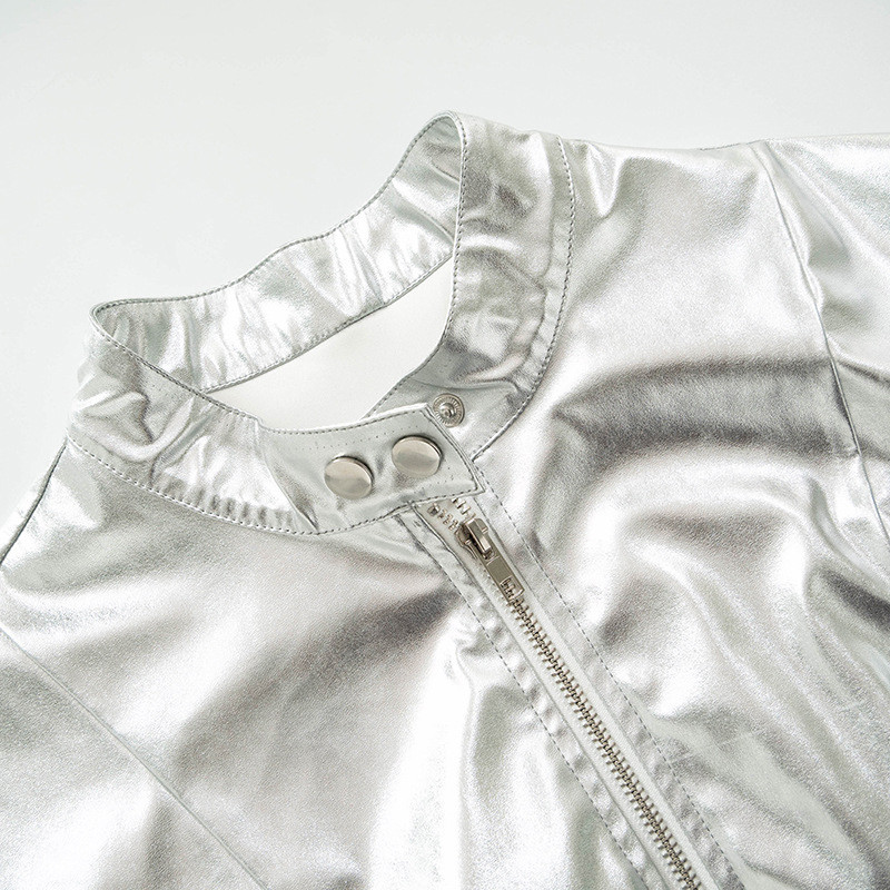 KBAT 2023 noua jachetă lucioasă din piele PU pentru femei, argintiu, cu mânecă lungă, haină de bază pentru femei, jachetă bomber de toamnă, îmbrăcăminte stradală de modă