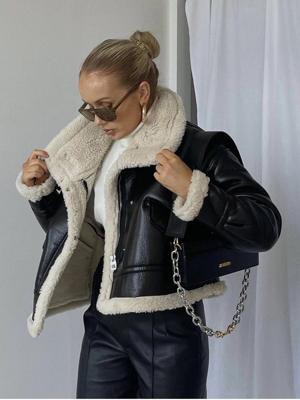 KBAT Zimska ženska motociklistička kožna jakna Topla starinska PU jakna Ženska crna krznena debela i baršunasta kratka vanjska odjeća